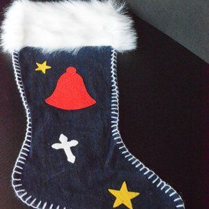 VTG Denim 18" Christmas Stocking Fur Trim Cross